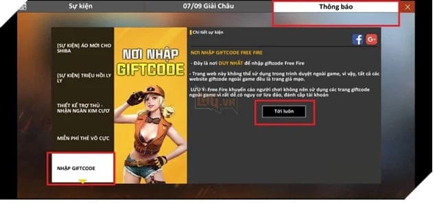 Nhấn vào mục thông báo đến nhập giftcode