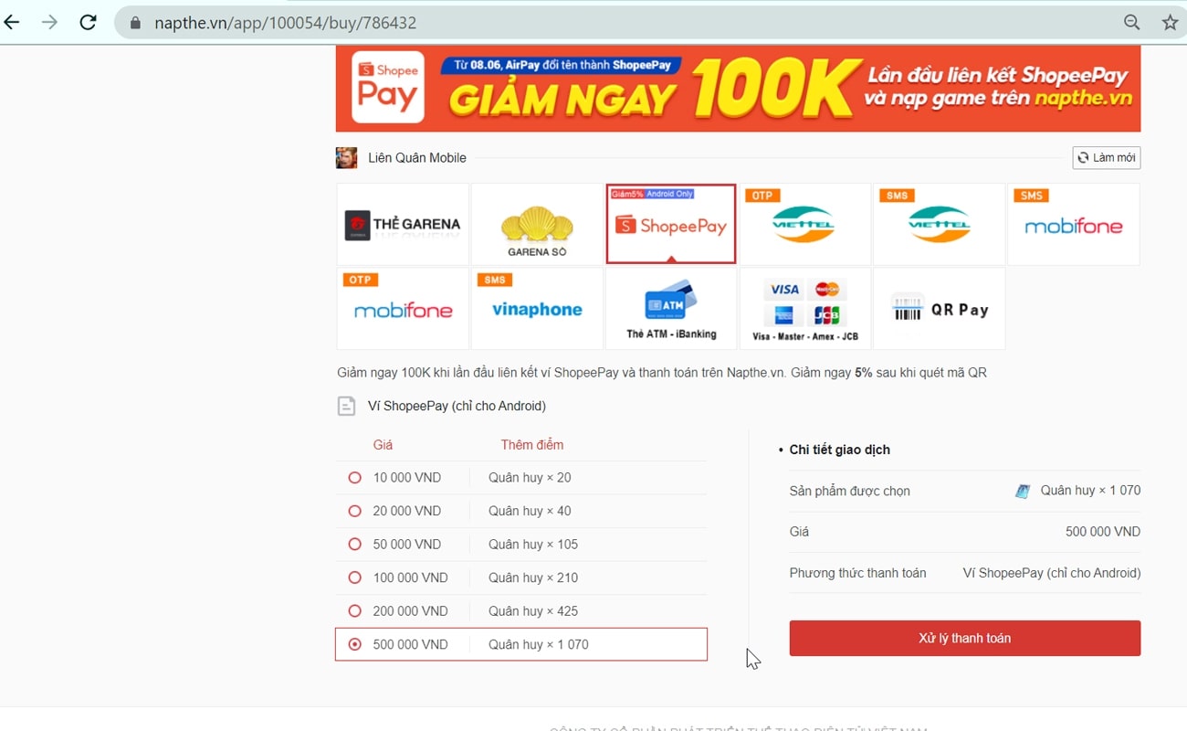 Cách Nạp Thẻ Garena Online bằng Shopee Pay