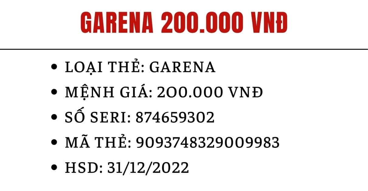 Hình card Garena 200k chưa dùng