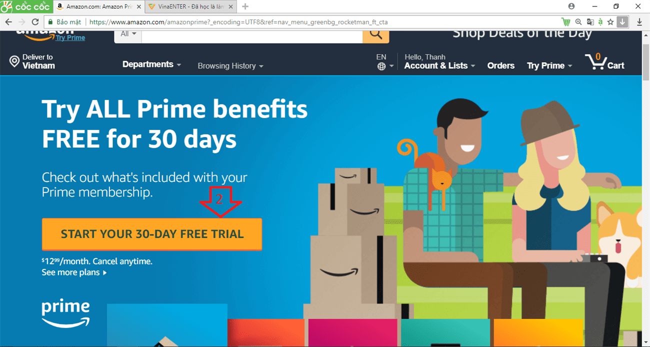 Vào trang chủ Amazon sau đó nhấn Start your 30 day prime
