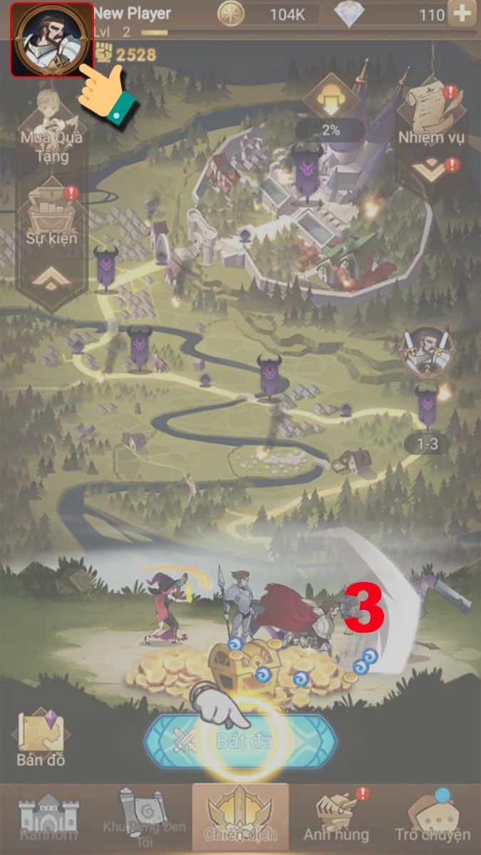 Mở game AFK Arena trên điện thoại và nhấn vào Avatar nhân vật.