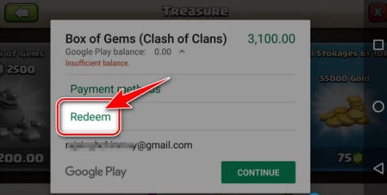 Nhấn chọn nút Redeem để vào mục sử dụng mã Code Clash Of Clan