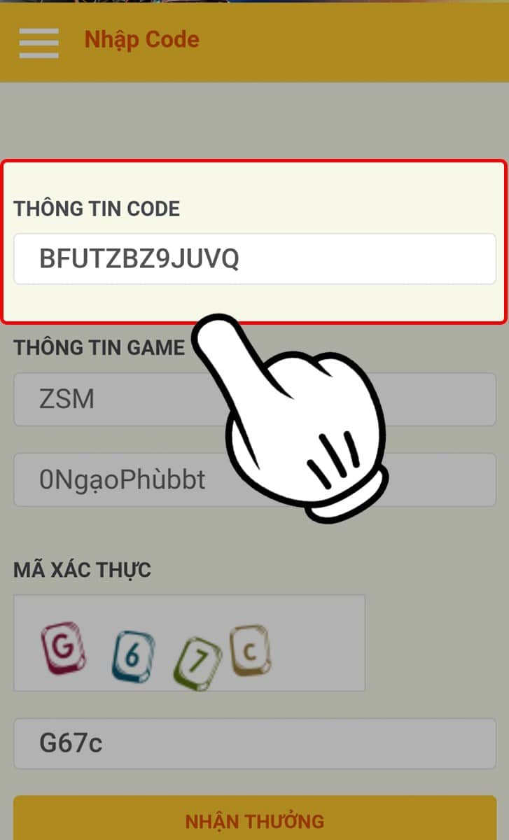 Nhập code vào khung thông tin Code Zingspeed Mobile
