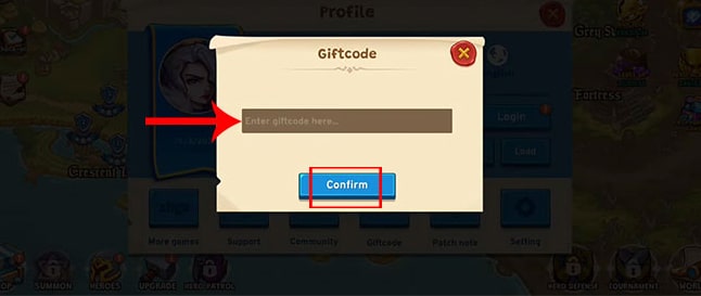 Nhập mã giftcode của bạn vào ô Enter giftcode here.