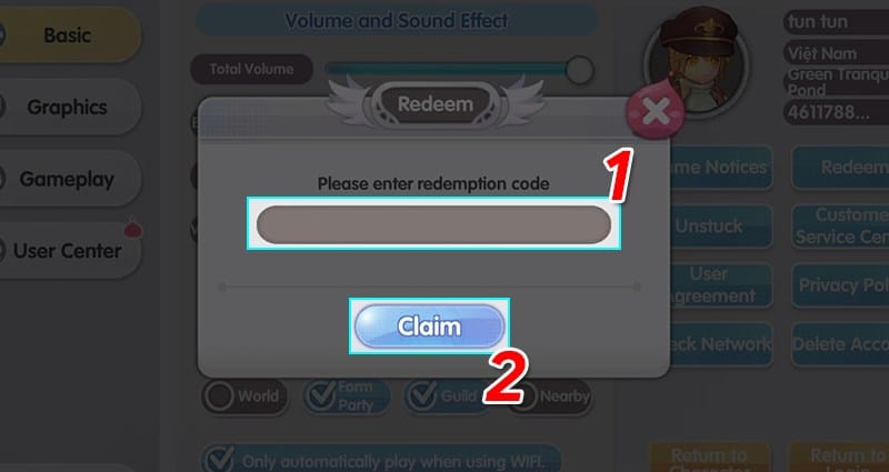 Nhập mã giftcode vào ô trống Please enter redemption code sau đó nhấn nút Claim.