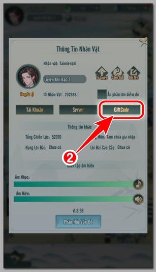 Tại cửa sổ Thông tin nhân vật, nhấn chọn vào mục Giftcode.
