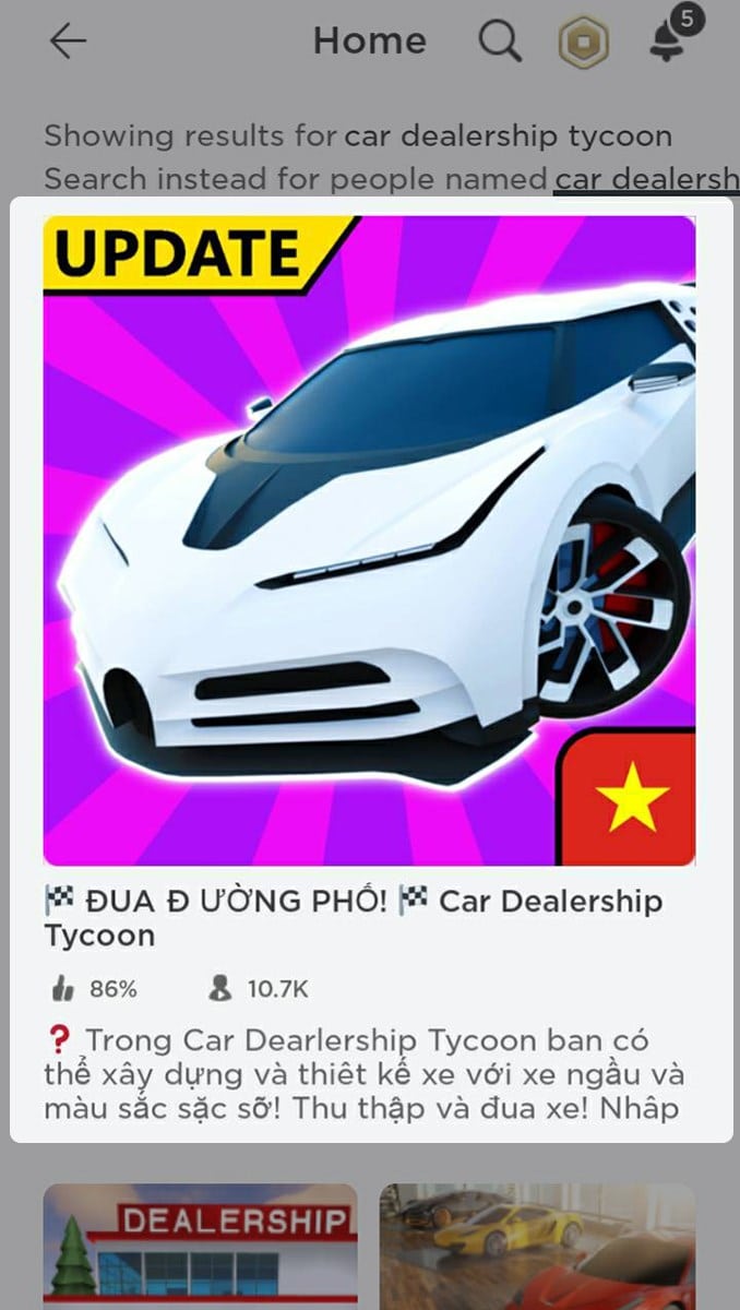 Tìm kiếm và chọn Car Dealership Tycoon để mở game.