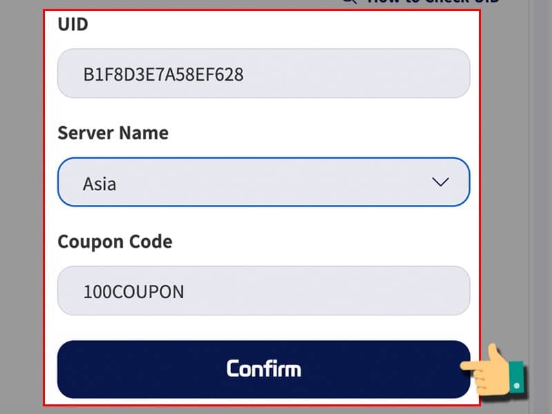 Nhập UID, chọn server và nhập mã code.