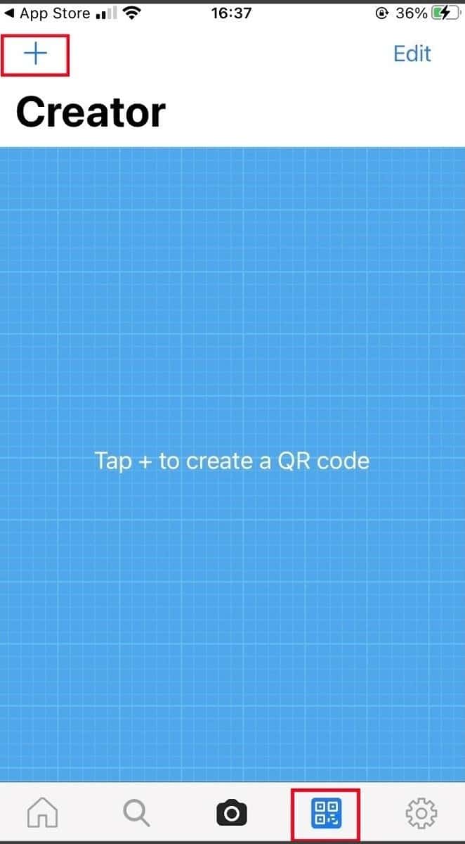 Chọn dấu cộng để bắt đầu tạo mã QR
