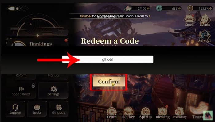 Nhấn Confirm để xác nhận dùng code và nhận thưởng trực tiếp trong trò chơi.