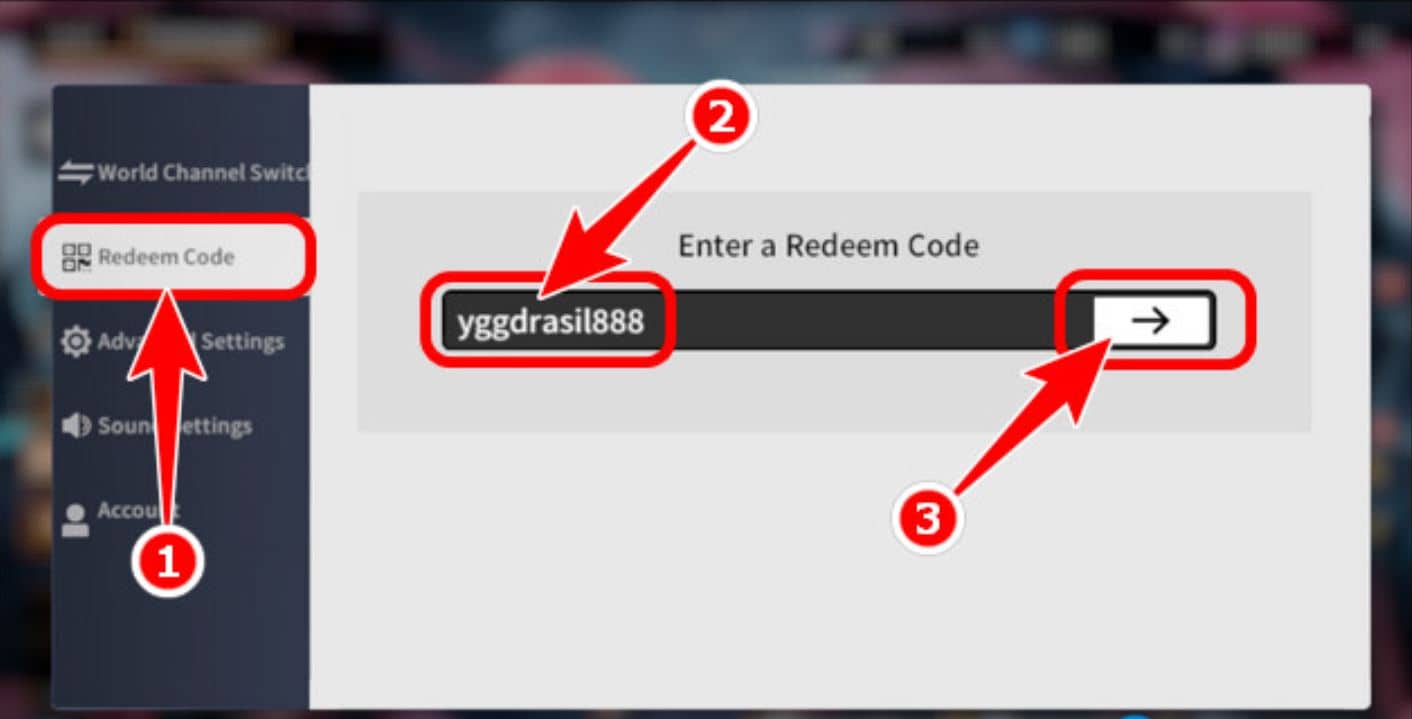 Nhập mã Code Yggdrasil 2 rồi ấn biểu tượng mũi tên.