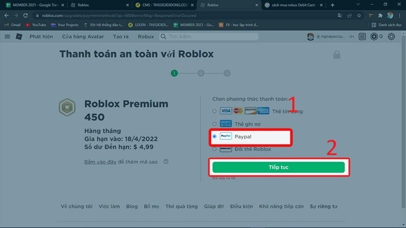 Cách nạp tiền vào Roblox bằng Paypal