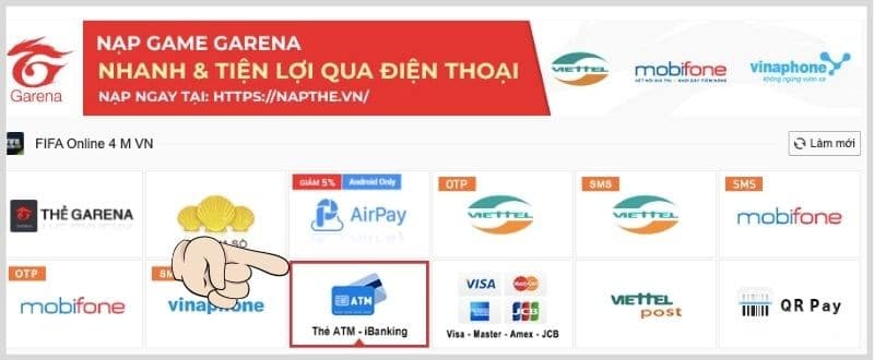 Chọn hình thức thanh toán nạp thẻ qua ATM - iBanking.
