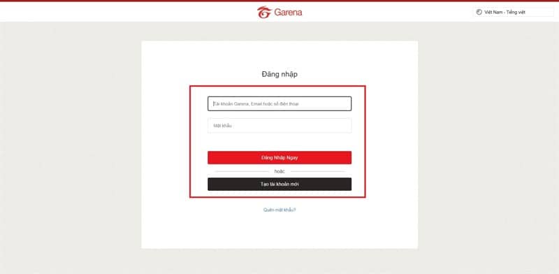 Nhập tên tài khoản và mật khẩu của Garena