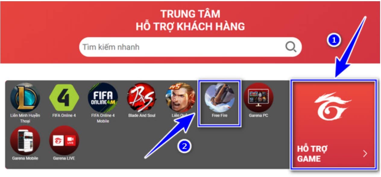 Chọn vào game Free Fire và nhấn chọn Hỗ trợ game