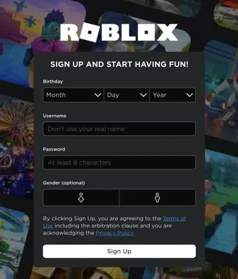 Điền đầy đủ thông tin và nhấn tiếp vào Sign Up - Cách Tạo Tài Khoản Roblox