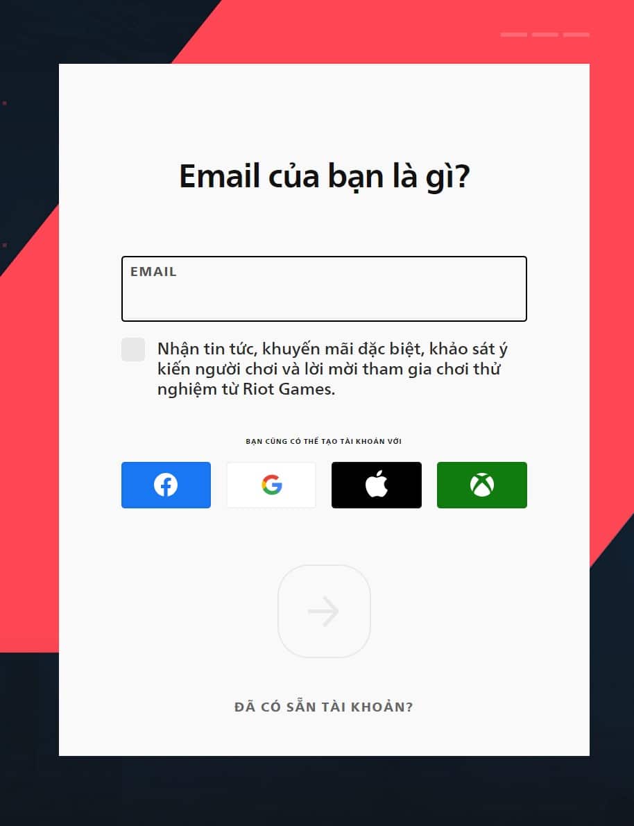 Nhập email mà bạn sử dụng để tạo tài khoản Valorant