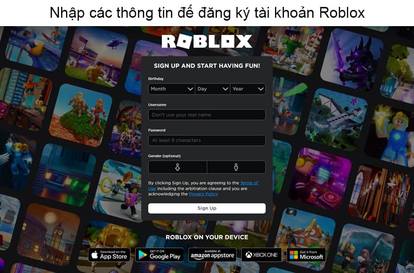 Nhập thông tin để tạo tài khoản Roblox