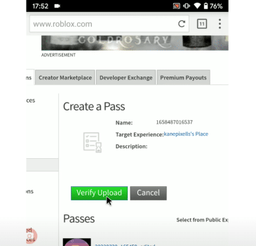 Tạo pass và chọn Verify Upload