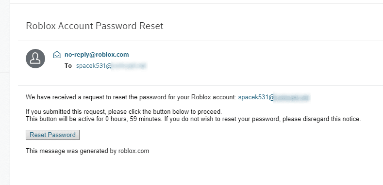 Tin nhắn reset Password của Roblox