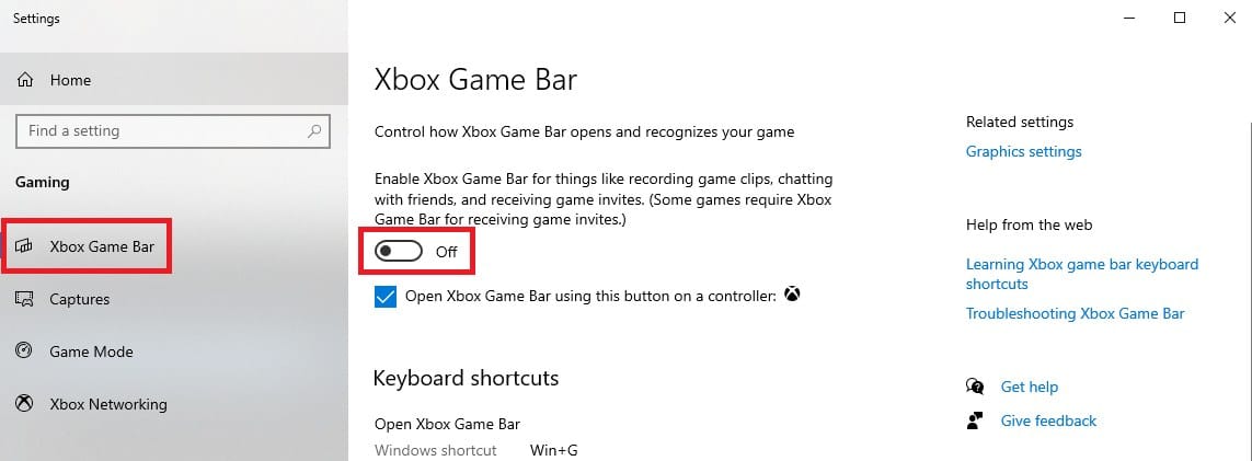 Chọn “Off” để tắt Xbox Game Bar