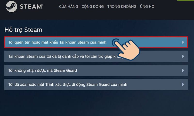 Chọn ô Tôi quên tên hoặc mật khẩu tài khoản Steam của mình