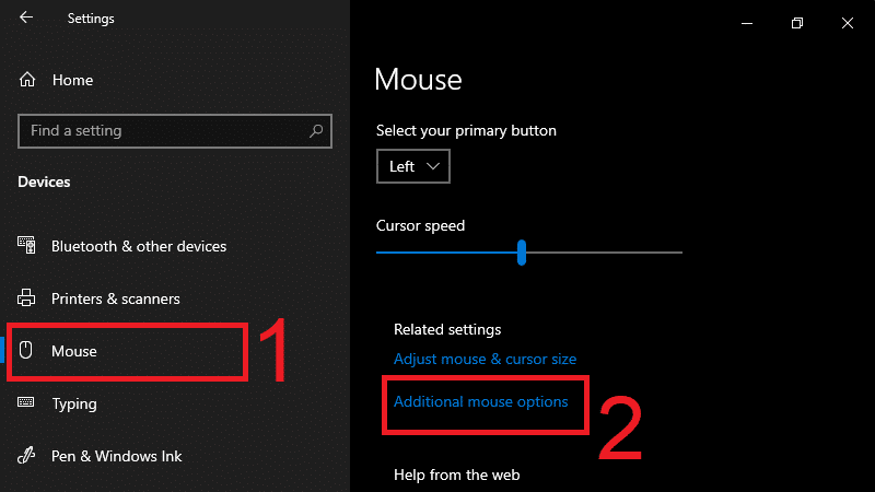 Chọn Additional mouse options