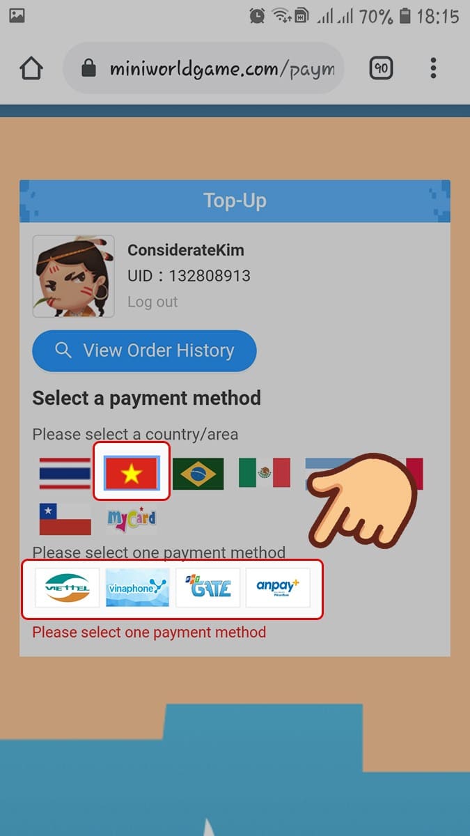 Chọn quốc gia là Việt Nam và chọn loại thẻ bạn muốn nạp