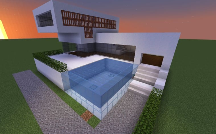 Hình ảnh nhà hiện đại trong Minecraft có hồ bơi đơn giản