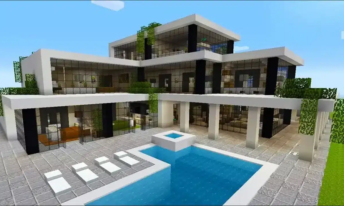 Mẫu nhà Minecraft hiện đại có hồ bơi