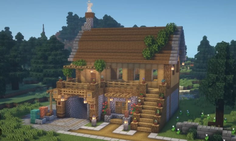Mẫu nhà gỗ trong Minecraft đơn giản mà ấm áp