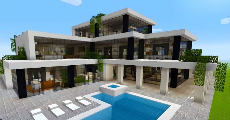 Mẫu nhà hiện đại trong Minecraft có hồ bơi