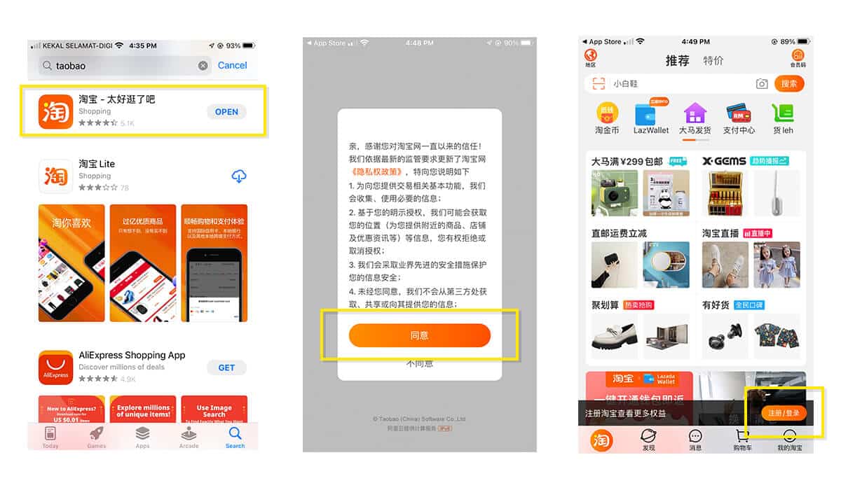 Mở app Taobao trên điện thoại và nhấn nút Đăng ký