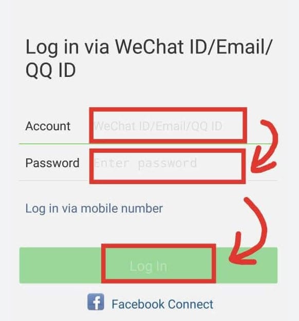 Nhập Wechat ID và mật khẩu để đăng nhập