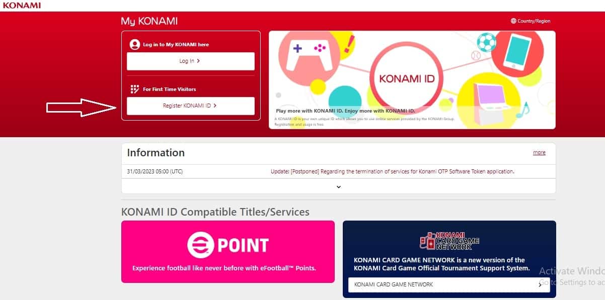 Nhấn chọn Register KONAMI ID