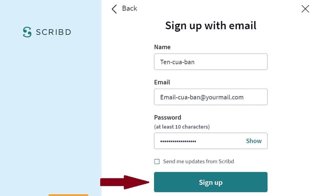 Nhập thông tin đăng ký, sau đó ấn “Sign up”