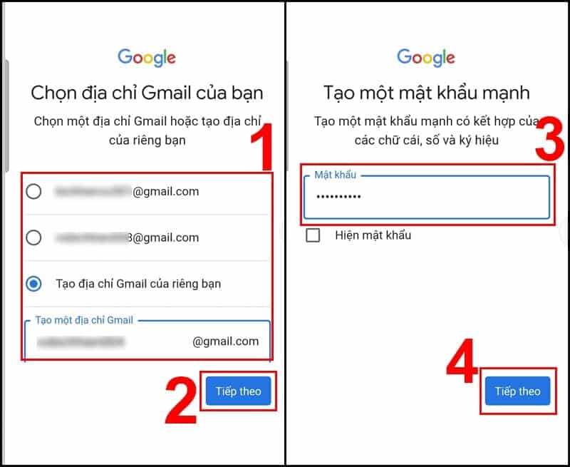 Chọn địa chỉ gmail và tạo mật khẩu