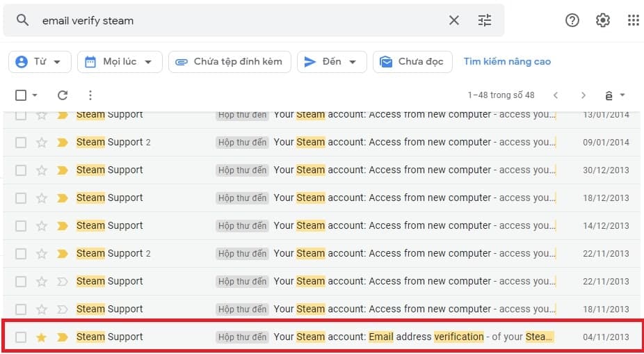 Kiểm tra email steam support